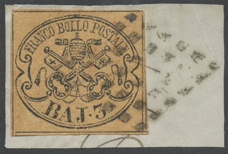 1852. 3b. Bistro Arancio N.4 su piccolo frammento annullato con il Muto di CIVITAVECCHIA(4pt.) (A.Diena) (A+) (Cat.120) 