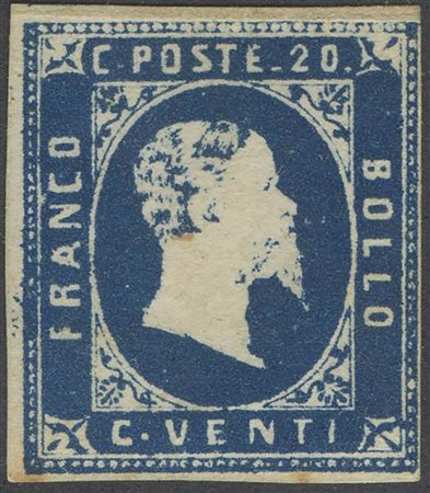 1851, 20c. Azzurro N.2 nuovo senza gomma. Margine superiore, a nostro parere, ricostruito. (A-) (Cat.6500)