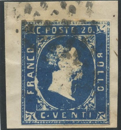 1851, 20c. N.2 su frammento. Interessanti difetti di stampa. (A-) (Cat.650++)