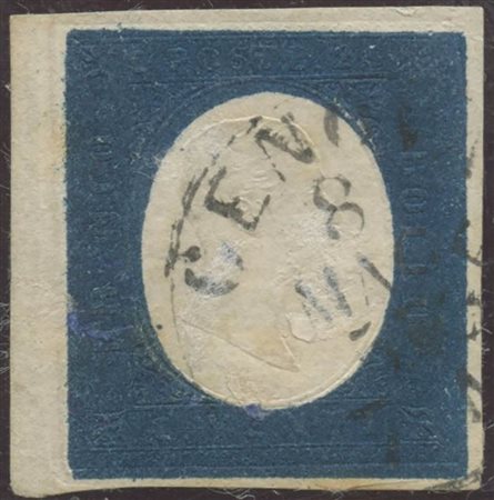 1854, 20c. Indaco N.8c bordo di foglio a sinstra. (A+) (Cat.400++)