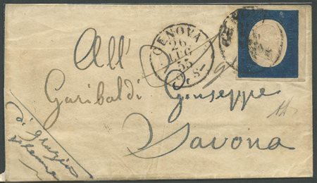 26.7.1856, Lettera da Genova per Savona affrancata tramite un 20c. N.8. (A+) (A.Diena) (Cat.1200++)