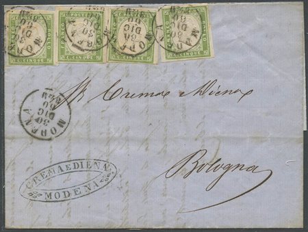30.12.1860, Lettera da Modena per Bologna affrancata per 20c. Tramite quattro 5c. N.13Bb Verde Oliva Chiaro. (A/A+) (Cat.6.400)