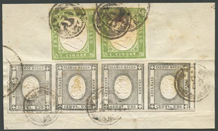 Frammento con affrancatura mista 5c. IV emissione di Sardegna con striscia di 4 dell'1c. Per le stampe. Non comune