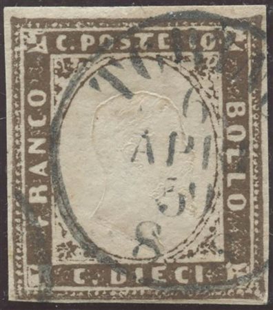 1858, 10c. N.14c Terra D'ombra Scuro, usato. (A) (Cat.700)