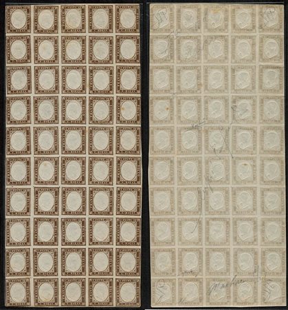 1859, 10 centesimi I° Tav. in foglio completo di 50 esemplari. Di grande interesse per lo specialista. Al retro le firme di Raybaudi, Chiavarello, Em.Diena, A.Diena. Cert. A.Diena e Cert.Raybaudi.