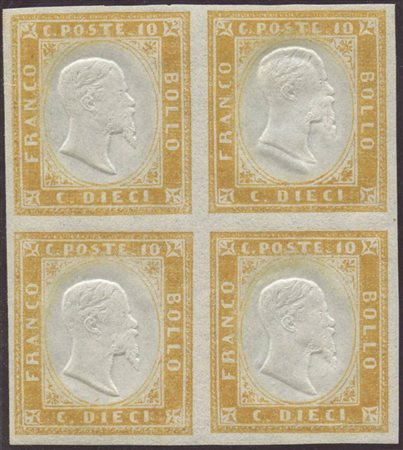 1862, 10c. N.14Dd Giallo Ocra in quartina, nuovo gomma integra. (Lux) (Cert. Colla) (Cat.2.800++)