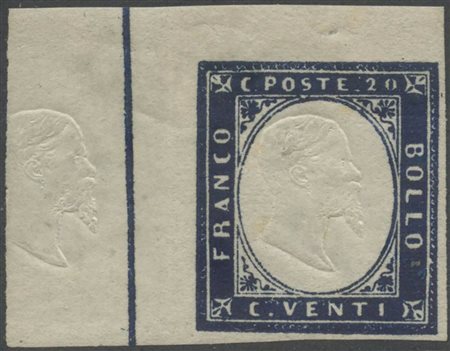 1862, 20c. N.15E Indaco con margine sinistro non tosato, linea di riquadro ed effige impressa nel margine, nuovo con gomma, linguellato. (II metodo di impressione dell'effige.) (A+) (Cat.1.100)