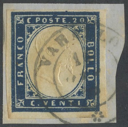 1859, 20c. Cobalto Oltremare N.15Ba su frammento annullato VARALLO.