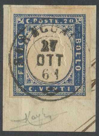 1861, 20c. Azzurro Oltremare N.15Dc annullao con il doppio cerchio di BEREGUARDO (5pt.) (A+) (Raybaudi) (Cat.155++)