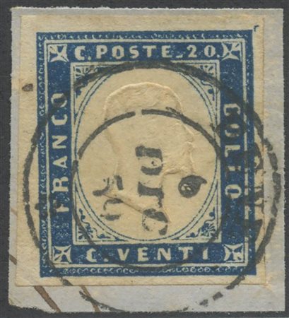 1859, 20c. Azzurro Scuro N.15B su ampio frammento, annullato con il Doppio Cerchio con rosetta di BENE (5pt.)(A+) (Cat.130++)
