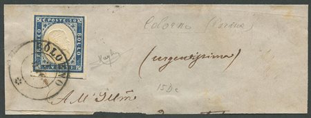 20c.15Da Celeste (scuro) su frammento, annullato con il Doppio Cerchio con Rosetta di COLORNO (Parma) (11pt.)(Cat.750)