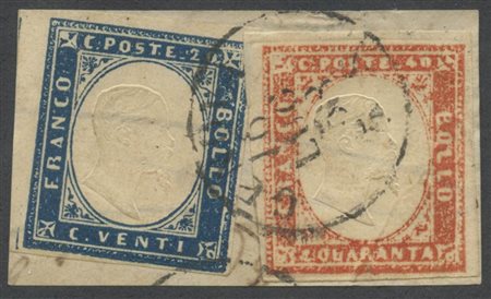1858, 20c. Azzurro Oltremare Scuro N.15Aa ed un 40c. Vermiglio Arancio Chiaro N.16Ab. (A) (Raybaudi) (Cat.335)