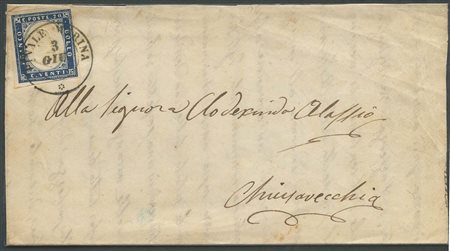 3.6,1857, Lettera da Finale Marina per Civitavecchia affrancata con un 20c. Azzurro Oltremare N.15Aa. (A+) (656)