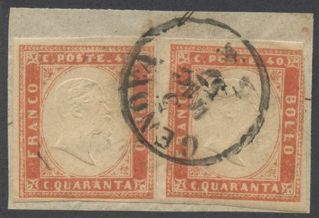 1857, 40c. Vermiglio tenue (Tonalità Particolarmente Tenue) due esemplari su frammento. Uno perfetto l'atro corto a destra. (A+/B) (A.Diena, Raybaudi) (Cat.1700)