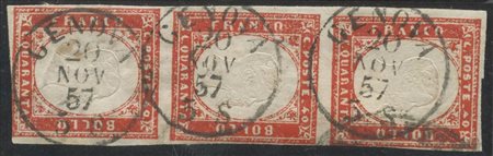 1857,40c. Rosso Scarlatto N.16A in striscia verticale di 3. Margini da buoni a rasenti. (A-) (Cardillo) (Cat.900)