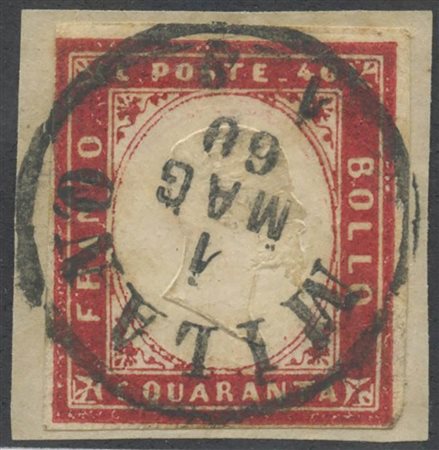 1860, 40c. 16Ca (Carminio Vivo)  su frammento. (A) (A.Diena) (Cat.850)