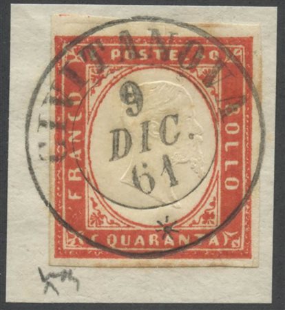1861, 40c. Rosso vermiglio annullato con il doppio cerchio di Civitanova(4pt). (Lux) (Chiavarello)