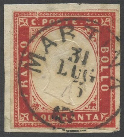 1863, 40c. Rosa Carminio N.16E usato acon il cerchio di Martina. (A-) (Raybaudi)