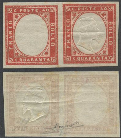 1861, 40c. Rosso Vermiglio coppia di cui uno senza effige. Grinza di gomma sull'esemplare di destra. (A) (A.Diena, Raybaudi) (Cat.4.500++)