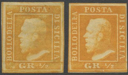 1859, 1/2gr. N.1,2 prima e seconda tavola. Nuovi con gomma. Linguellati. Entrambi firmati. (A/A+) (Cat.2400)