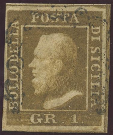 1858, 1gr. Bruno olivastro prima tavola II° stato N.3d. (A+) (Cert. En.Diena) (Cat.2500)