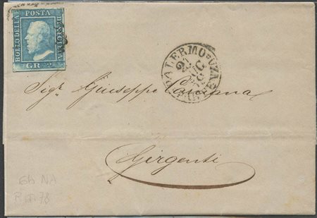 21.07.1859, lettera da Palermo per Girgenti affrancata con un 2gr. N.6 con ritocco 78 tratti nel ciuffo e puntini sulla fronte. (Lux) (Cat.1.750++)