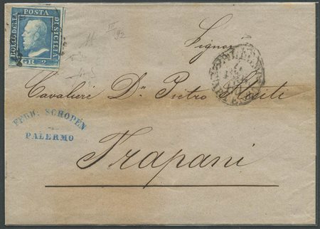 4.2.1860, lettera da Palermo per trapani affrancata con un 2gr. Azzurro N.8. (A+) ((A.Diena, Chiavarello) (Cat.875)
