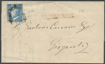 1858, Lettera da Casteltermini per Girgenti affrancata tramite un 2gr. Azzurro N.6.Sulla lettera l'annullo in cartella rosso di CASTELTERMINI (6pt.) (A+) (Chiavarello) (Cat.1200) 