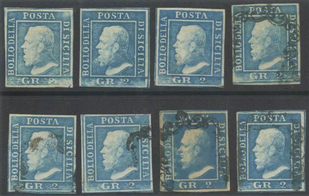 Lotto di otto esemplari del N.8 in diverse tonalità di colore. Notato ritocco 79 sul primo 2gr. (A+) (Cat.2150++)