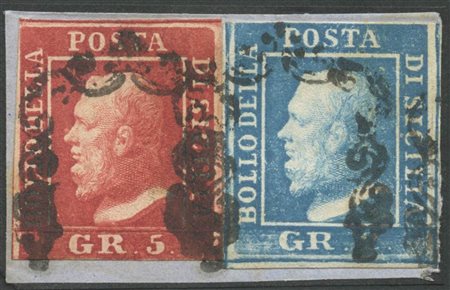 1858, 5gr Carminio N.9a e 2gr. Azzurro N.7 su piccolo frammento. Il 5gr. A filo in basso. (A-) (Em.Diena, A.Diena) (Cat.2000)