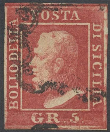 1859, 5gr. N.9a Carminio (I tav), usato. Pos.99. (A+) (cert. Raybaudi) (Cat.1.400)