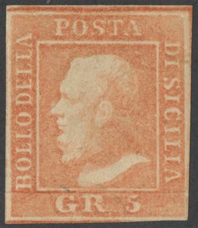 1859, 5gr. Vermiglio chiaro N.10. Nuovo con gomma, linguellato. (A+) (Cert.Colla, A.Diena, Em.Diena) (Cat.1500)