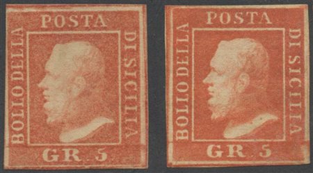 5gr. N.10,10a Vermiglio chiaro e vermiglio. Nuovi con gomma, Linguellati. (A+/A) (Cat.3000)