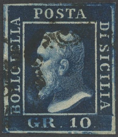 1859, 10gr. Azzurro Cupo N.12 usato. (A+)  (A.Diena, Em.Diena) (Cat.900)