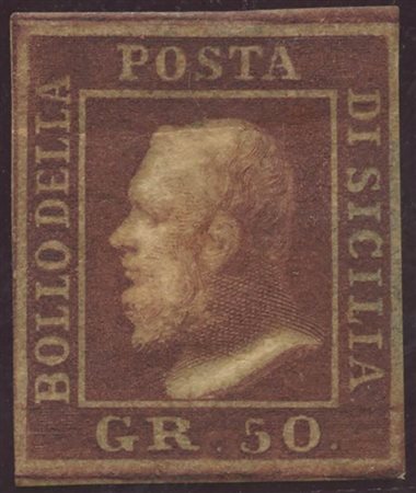 1859, 50gr. Lacca Bruno N.14 nuovo con gomma, linguellato. Stampa oleosa. (A-) (Cert.Raybaudi) (Cat.1800)