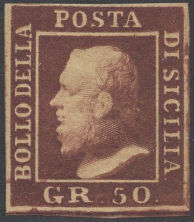 1859, 50gr. Lacca bruno violaceo. Nuovo con gomma, linguellato. (A) (Cert. Colla) (5500)