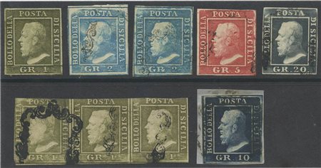 Interessante lotto composto da 5 esemplari perfetti + una striscia di tre dell'1gr. E un 10gr. Su frammento difettosi.