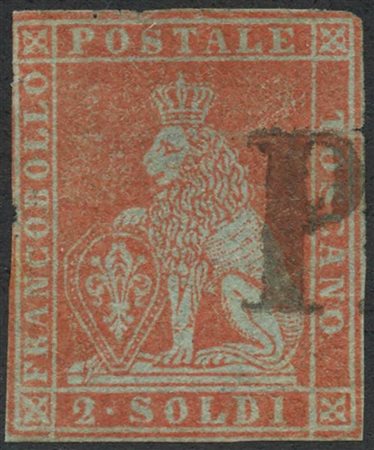 1851, 2s. Scarlatto Chiaro su Azzurro N.3a, usato. ( C ) Cat.(15000)