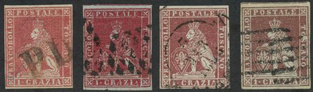 1851,  2cr. In quattro diverse tonalità (N.4,4a,4e,4f) Tutti in ottime condizioni. (A+) (Cat.1300)