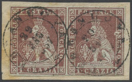 22.08.1855, 1cr. N.4f Bruno Carminio Lillaceo su Grigio in coppia su frammento. Annullo doppio cerchio di Terranova(pt.R1). (A/A-) (Cert. Colla) (Cat.3800++)