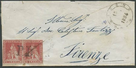 1854, lettera da Talamone per Firenze affrancata con una coppia del 1cr. Carminio chiaro su Grigio. Sull'affrancatura il P.D. di TALAMONE(11pt.). Interessanti D.C. (A-) (Cat.4500++)
