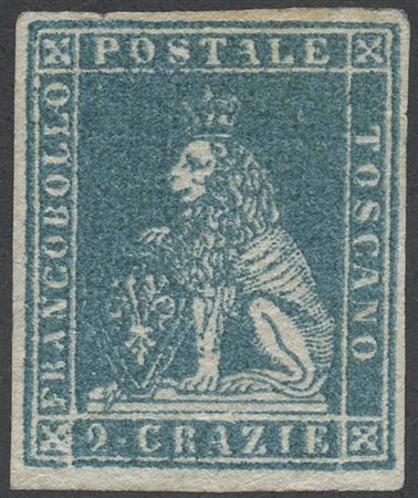 1851, 2cr. Azzurro Verdastro N.5e nuovo senza gomma. Interessante sdoppiamento della stampa (Lux) (Cert. Luigi Guido) (--)