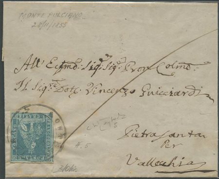 28.11.1855, Lettera da Montepulciano per Pietrasanta affrancata tramite un 2cr. Azzurro Chiaro N.5. Sull'affrancatura il doppio cerchio grande di MONTEPULCIANO(4pt.) (Lux) (cert.Raybaudi) (Cat.1275)