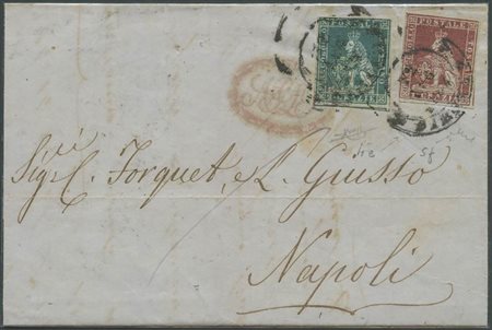 12.7.1856, lettera da Firenze per Napoli affrancata per 3cr. Tramite un 1cr.Cerminio Bruno su Grigio N.4e ed un 2cr.
