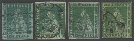 1851, 4cr N.5, splendida selezione di 4 valori usati in diverse tonalità (N.6,6a,6b,6d). (A+)