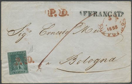 05.09.1853, Lettera da Livorno per Bologna affrancata con un 4cr. N.6a Verde Azzurro su Azzurro.(A+) (Cat.2.300++)