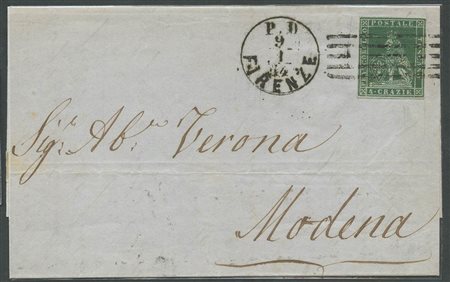 Lettera da Firenze per Modena affrancata tramite un 4cr.Verde Giallo Scuro N.6d. Tariffa di I° Porto  per la II° Distanza nel ducato di Modena. (A+)  (Cat.1200)