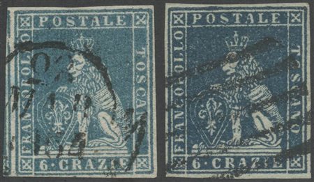 1851, 6cr. N.7  In due diverse tonalità. (A+/Lux) (A.Diena) (Cat.900)