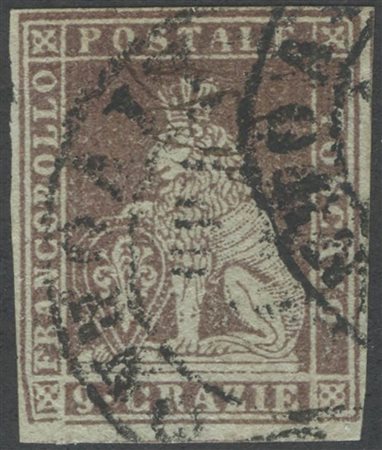 1851, 9cr. Bruno violaceo su grigio. Interessante D.C. nell'angolo in basso a sinistra. (A+) (Cat.450)