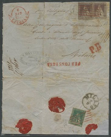 6.9.1858, Gran parte di sovrascritta (mancano al retro i lembi di chiusura ma sono presenti tutti gli annulli) da Livorno per Milano affrancata con due esemplari del 9cr.